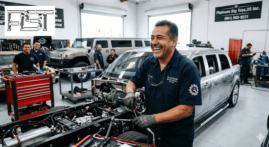 Technician working on a limousine chassis in a vehicle workshop